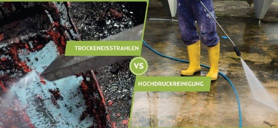 Vergleich zwischen Trockeneisstrahlen und Hochdruckreinigung für industrielle Bodenflächen.