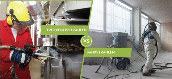Vergleich zwischen Trockeneisstrahlen und industriellem Sandstrahlen zur Oberflächenentlackung.